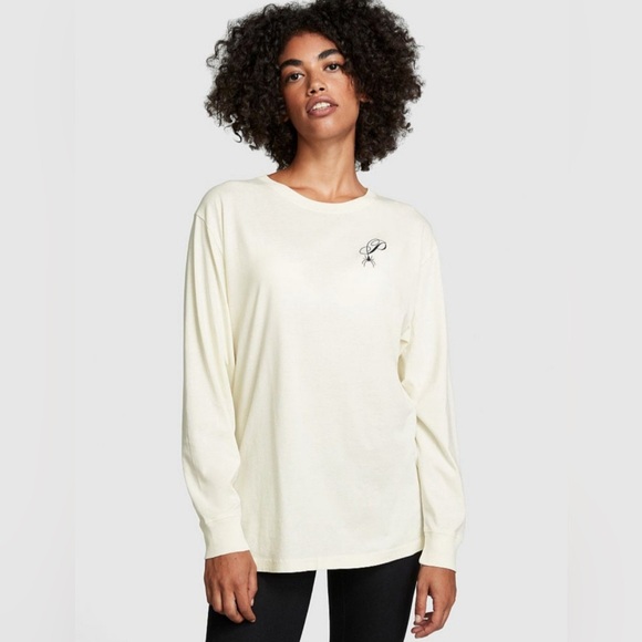 VS PINK LONG SLEEVE CAMPUS TEE SHIRT CREAM BLACK SPIDER WEBS HALLOWEEN HTF NWT L - Picture 2 of 4